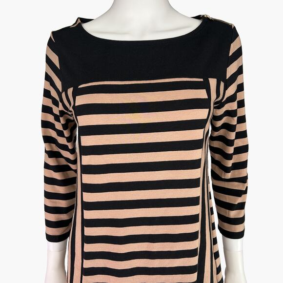 JONES NY Stripped 3/4 Sleeve Boat Neck Shoulder Zipper Top (Tan/Black | Size M) - Picture 3 of 8